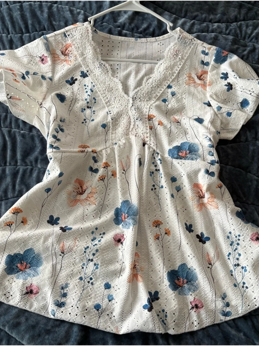 White Eyelet Floral Lace-Trim Blouse - Blue & Peach Flowers - Picture 1 of 3